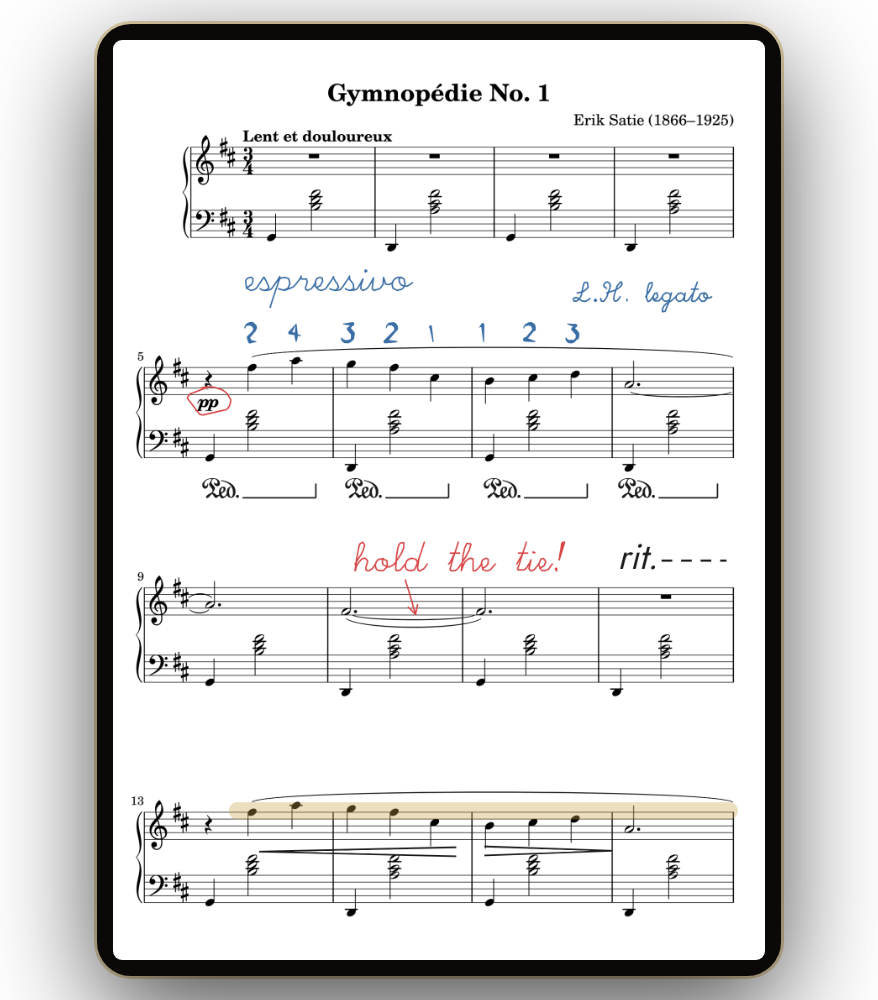 An annotated score on a tablet in Scorevell